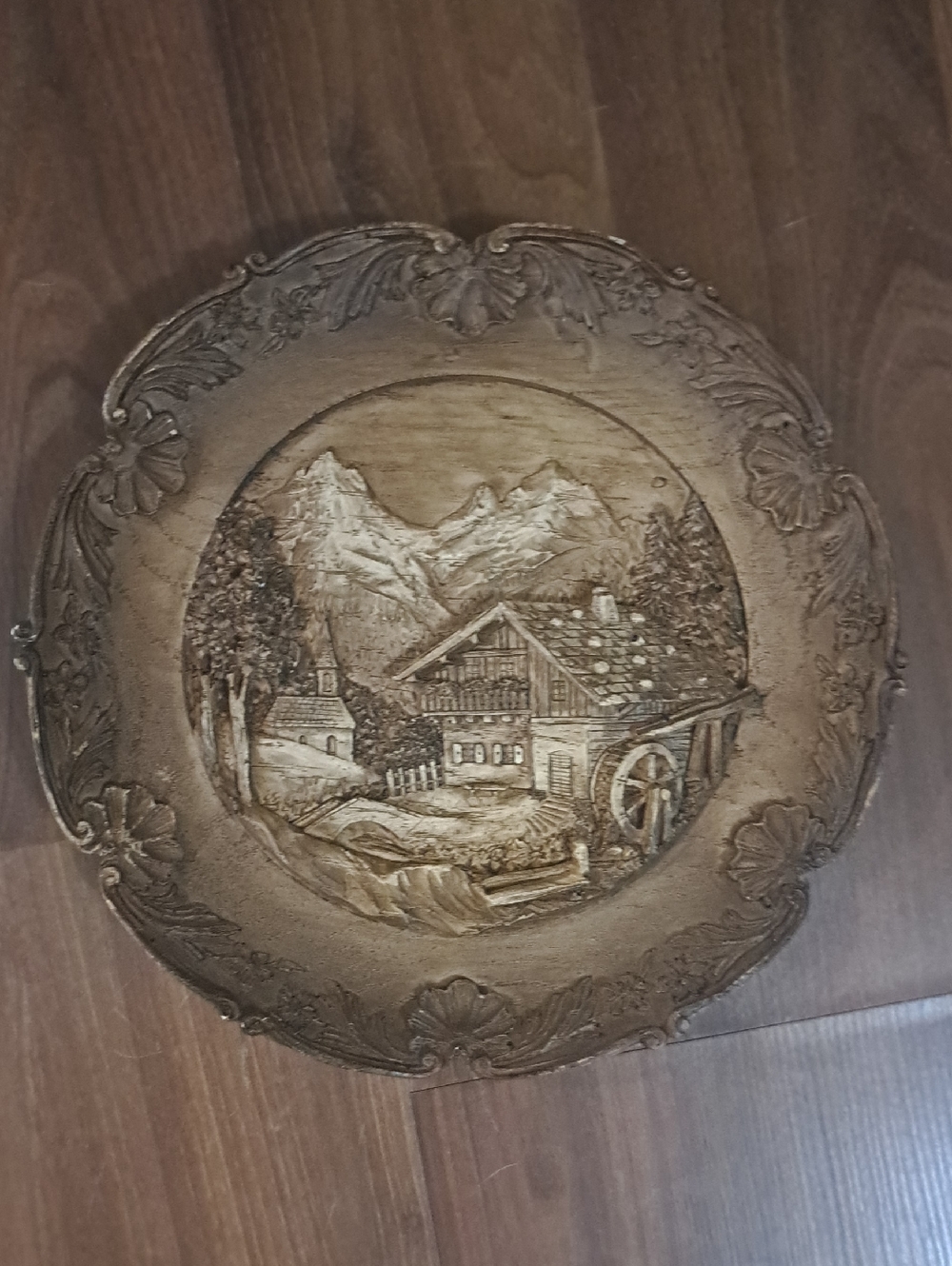 Vintage Ornate Rustic Wall Plaque with Mountain Cottage Scene - Brown